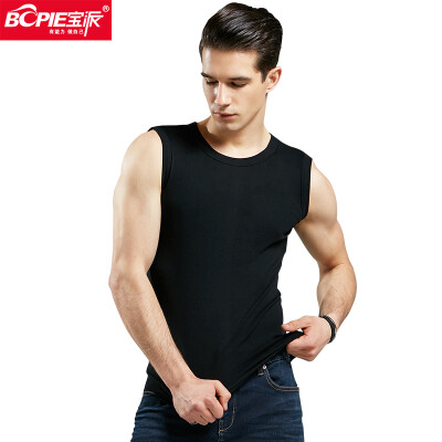 

Bao Pai BOPIE mens vest mens cotton wide shoulder fitness vest Slim bottoming shirt 6601 black round neck L 17095