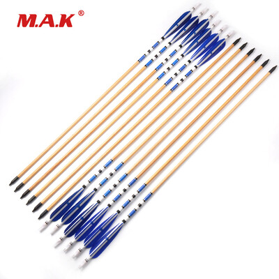 

12 pcs Wooden Arrows 78cm Diameter 87mm Spine 500 with Blue Turkey Feathers for Compound Bow Archery Hunting Shooting