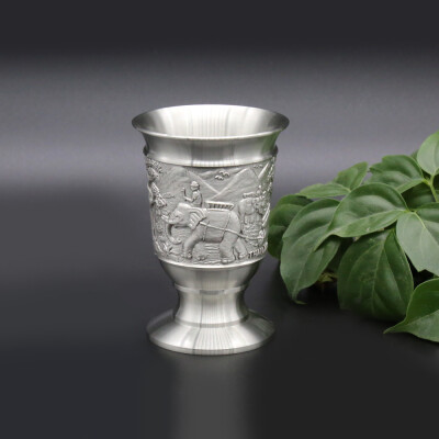 

Oriental Pewter Liquor Cup Pewter Pure Tin 97 Lead-Free BB3 Hand Carved Beautiful Embossed with Elephants Handmade in Thailand