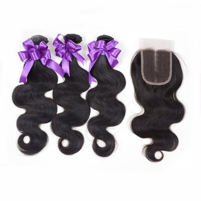 

PASSION HAIR Body Wave Human Hair Bundles With Closure Peruvian Virgin Hair 3 Bundles With 44 Middle Part Lace Closure