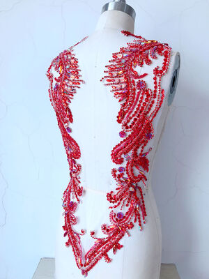 

hand made red sew on Rhinestones applique on mesh crystal patches trim 6239cm for dress back