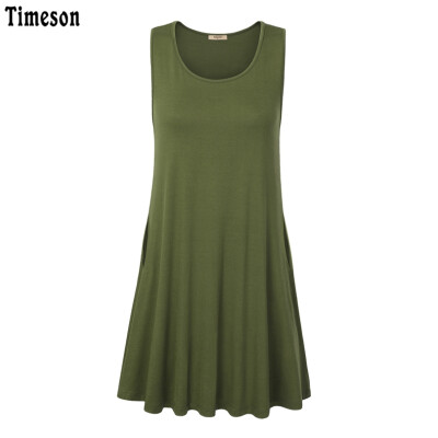 

Timeson New Summer T-Shirt Dress Sleeveless Knitted Tunic Dress with Pockets Big Hem Female Stretch Mini Solid Plus Size Dresse