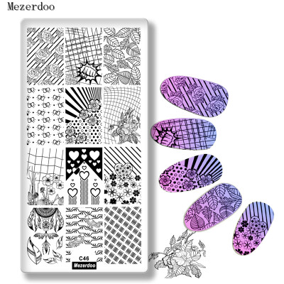 

Rose flower leaf Rectangle Nail Stamping Plates Template line grid fist Design Manicure Nail Art Stamp Image Plate Mezerdoo C46