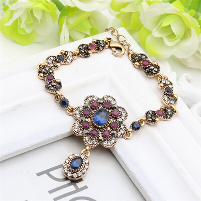 

Hot Vintage Flower Drop Pendant Bracelet Turkish Women Jewelry Resin Retro Gold Color Ethnic Bracelets Arabian Bijoux Gift