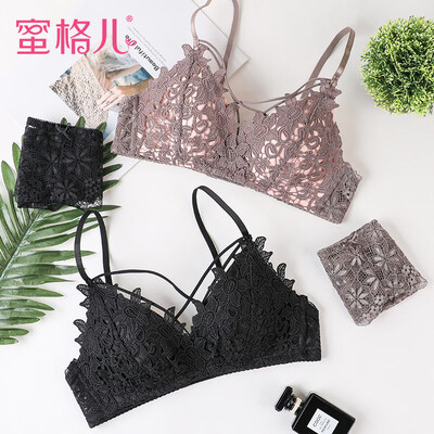 

Honey lattice sexy cross without rims lace girl bra set small chest gathered to receive the milk on the underwear women WN5016 black 70B