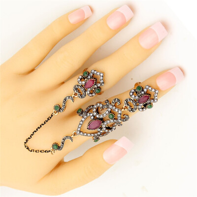 

Vintage Turkish Women Flower Resin Adjustable Double Finger Ring Arabesque Crystal Jewelry Antique Gold Color Wedding Anillos