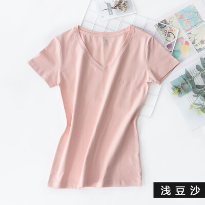 

Kangshu DaiShu solid color simple short-sleeved T-shirt ladies V-neck slim half-sleeve T-shirt tops wild cotton bottoming shirt shallow bean paste L
