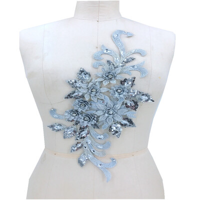 

Three-dimensional flower gray lace applique with handsewing beads rhinestones trimming patches 3816cm for dress accessory
