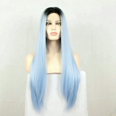 

Straight Human Hair Italy Remy Hair Gradient Wig Lace Front Wigs With Blue Color