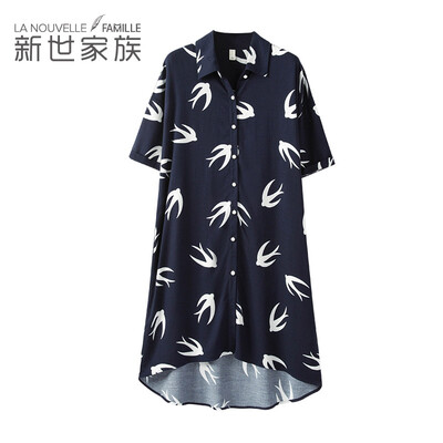

New world family pajamas womens summer new short-sleeved cardigan can be worn outside sexy nightdress female summer home service 73822004 dark blue