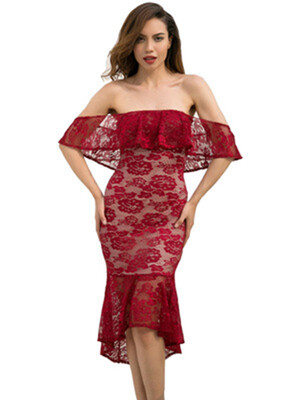 

Try Everything Summer Dress Women 2018 New Pattern Fashion Lace Embroidered One Shoulder Shivering Split Joint Dress