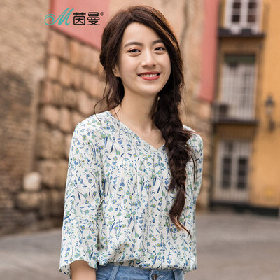 

INMAN 2018 summer new V-neck seven-point petal sleeves loose fresh small floral shirt female 1882012059 beige white