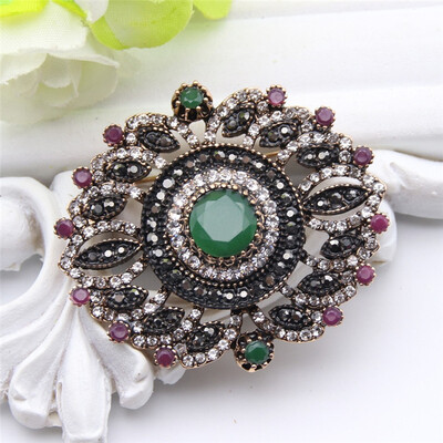 

Vintage Turkish Women Flower Brooch Pins Antique Gold Color Resin Jewelry Round Brooches Broches Hijab Scarf Buckle Hat Corsage