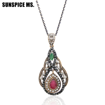 

Ethnic Turkish Women Vintage Flower Necklaces Antique Gold Color Water Drop Pendant Red Resin Thin Chain Indian Wedding Jewelry