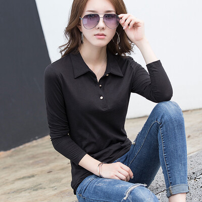 

2018 spring new womens shirt long-sleeved t-shirt solid color lapel polo shirt shirt