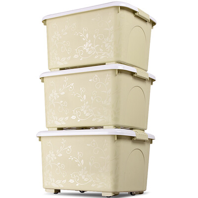 

Baicaoyuan new colorful carved plastic box storage box clothes debris finishing storage box with pulley 50L 3 loaded Nordic green