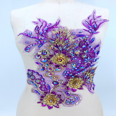 

purplegolden Three-dimensional lace applique with rhinestones trimming patches 4227cm for dress accessory
