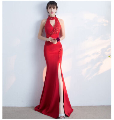 

Handmade Elegant Sleeveless Evening Dresses with Beading Sequined Bodice Long Prom Dress Party Gowns