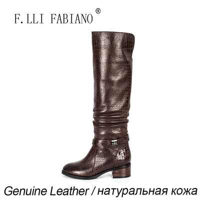 

FLLIFABIANO 2015 Winter Fashion Lxurious Boots for Women ZR10961-Q01M Low Square Heel Long Knee High with Plicated Leather Ank