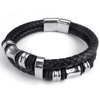 

Hpolw Leather Mens Bracelet Stainless Steel Charms Clasp Black Silver - 8" 85" 9"