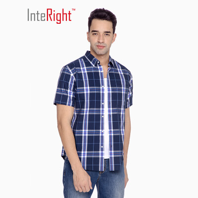 

INTERIGHT shirt mens cotton checkered casual shirt short sleeve blue grid  42