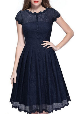 

Bigood Women Elegant Lace Short Sleeve Skater Dress Casual Party Skirt