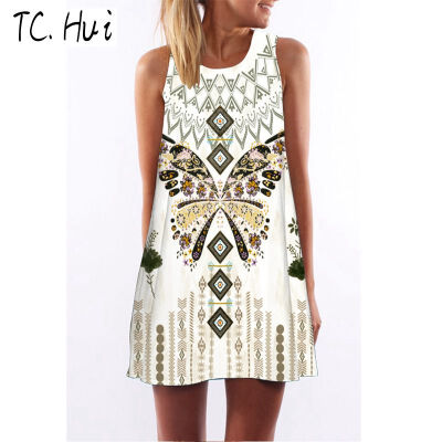 

fashion 2018 new trend digital printing round neck strapless dress