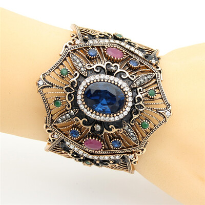 

New Turkish Women Adjustable Cuff Resin Flower Bangle Bracelet Antique Gold Color Arab Pulseiras Feminino Bride Jewelry Bangles
