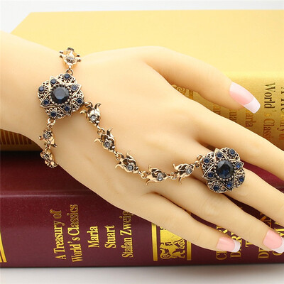 

New Turkish Jewelry Sets For Women Ring&Bracelet Antique Gold Color Resin Bracelet Adjustable Size Ring Ethnic Hand Back Bijoux