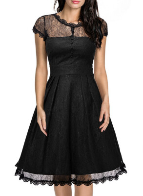 

Bigood Women Elegant Lace Short Sleeve Skater Dress Casual Party Skirt