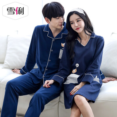 

Snowy spring cotton couple pajamas sexy V-neck women nightdress sports can wear mens long-sleeved cotton suit female models blue XXL