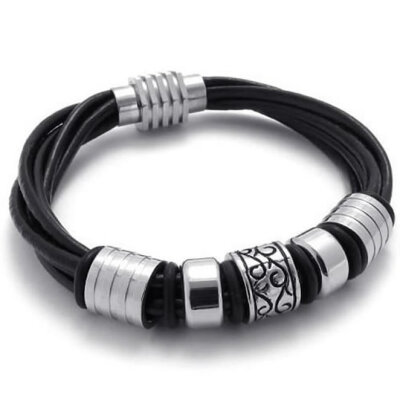 

Hpolw Black Leather Biker Mens Bracelet Magnetic Stainless Steel Clasp - 8", 8.5", 9