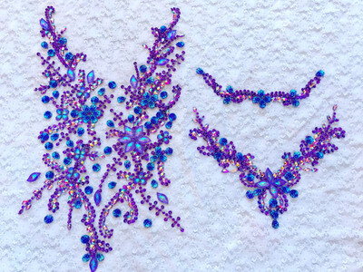 

hand made purple sew on Rhinestones applique on mesh crystal patches trim 50303020cm for dress backand front