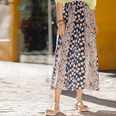 

INMAN 2018 summer new elastic waist romantic big fresh literary fan small floral skirt printed long skirt 1882110365 pink