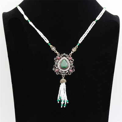 

Exquisite Resin Long Beads Necklace Women Vintage Beaded Jewelry Antique Gold Color Flower Pendant Turkish Beads Necklace Gift