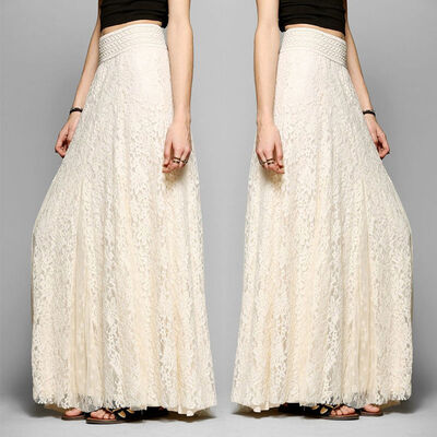 

Women Double Layer Chiffon Pleated Long Maxi Dress Elastic Waist Skirt US STOCK