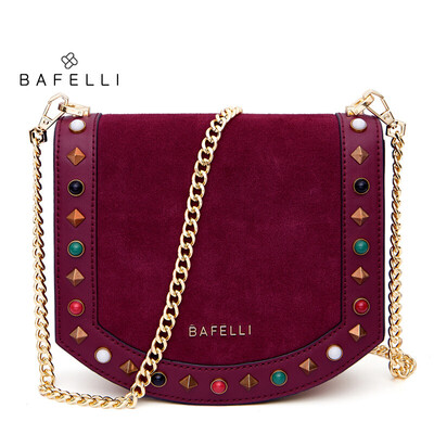 

BAFELLI split leather cowhide bag frosted suede colored rivets bolsos mujer chains crossbody bag Burgundy women messenger bags