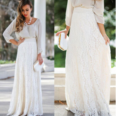 

Women Double Layer Chiffon Pleated Long Maxi Dress Elastic Waist Skirt