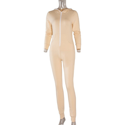 

2018 Casual Women One Piece Outfits Jumpsuits Long Sleeve Bodycon Front Zipper Hooded Long Pants Sexy BlackRed Rompers Playsuit