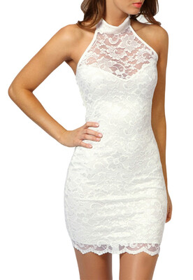

Bigood Women Ladies OL Lace Halter Neck Sleeveless Mini Dress Bodycon Skirt
