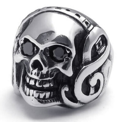 

Hpolw men silver&black Stainless Steel casting Gothic Listening Music Skullskeleton Biker Mens Ring