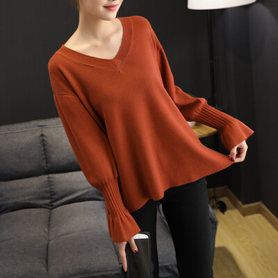 

New products spring sweater pure color sweater loose V collar long sleeved ladies trumpet sleeves V collar sweater bottomin