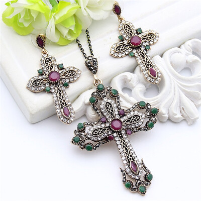 

Vintage Turkish Women Flower Cross Jewelry Sets Antique Gold Color Resin Cross Earring Rhinestone Cross Necklace Ethnic Jewelry