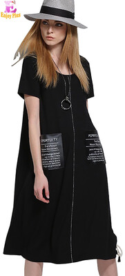 

XL - 5XL грудь 98-122cm хлопок случайное лето 2018 черные женщины длинное платье большой размер короткий рукав средний теленок