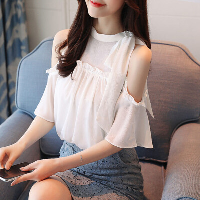 

Langyue womens 2018 summer new Korean short-sleeved chiffon shirt female temperament leaking shoulder lotus sleeves shirt LWXS184116 white