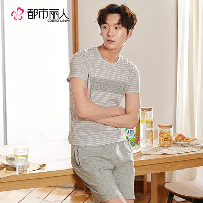 

Urban front still mens pajamas cotton short-sleeved shorts fresh Korean version of the home service suit FH7001 light gray strip L
