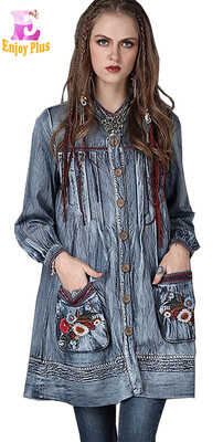 

L High Quality chest 100-104cm cotton casual fall 2017 vintage long sleeve jeans blouse women denim shirt flower embroidery