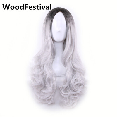 

WoodFestival gradient dark root grey green purple heat resistant women hair wavy wigs synthetic long ombre wig pink