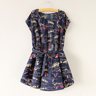 

Lovaru ™ Han edition dress summer new round collar bat sleeve printed sweet waist cultivate one's morality dress