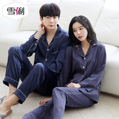 

Snowy spring long-sleeved couple pajamas luxury loose women South Korea silk home service thin section mens cardigan suit female models blue